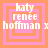 Pixelated text 'katy renee hoffman x hoffman x' appears over layered pink and orange squares in a static image.