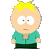 Pixelated character with spiky yellow hair, large white eyes with black pupils, and a neutral mouth wearing a teal shirt over dark green pants against gray background.