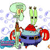 Pixelated cartoon characters include a green octopus-like figure with brown stem and red accents, and a green crab-like figure with red claws and blue shell, set against white background with light blue bubbles.