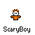 Pixel art character with orange torso and brown hair, shown in multiple states of head/hair animation above 'ScaryBoy' text on gray background.