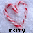 Red and white striped candy canes form a heart shape on a light blue background with pixelated text below.