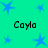 A static image with a bright green background featuring blue star shapes and repeated text "Cayla" in black pixelated font.