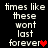 Pixelated text reads 'times like these wont last forever' with a red heart symbol, displayed in two identical vertical on a black background