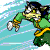 A 5-frame animated contact sheet showing a cartoon wolf-like character in green clothing running across a blue water background with white wave lines.