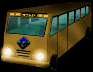 Two side-by-side pixelated yellow school buses with blue and green emblems, illuminated headlights, and teal-tinted windows against a black background.