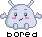 Pixelated character with antennae and pink cheeks displays multiple mouth expressions beneath the word 'bored' on a gray background.