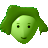 Pixelated green icon of a round face with short hair, black eyes, and a small smile on a gray background.