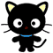 Black cartoon cat with yellow inner ears, blue collar, and white eyes; one version shows red mouth open while others show brown nose closed.