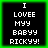 Four identical pixelated text with green borders display 'I LOVEE MYY BABYY RICKYY!' in white block letters on black backgrounds
