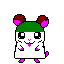 Pixel art hamster with green cap, pink ears and feet, brown top of ears; four expressions including smiling, hands-to-chest, crying, and covering face.
