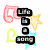 Pixelated icon with stacked text blocks, pink and yellow stars, green heart outline, and blue starburst on white background.