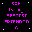 Pixelated text reads 'SAM is my BESTIST FRIENDDD :(' on black background with white dots, repeated in a pattern across multiple and