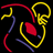 Pixelated abstract composition of curved lines and shapes in red, yellow, blue on black background with no visible text or recognizable subjects.