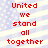 Red pixelated text "United we stand all together" on a light blue and white striped background with small square patterns.