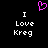 Pixelated icon with black background, white text "I Love Kreg" on both sides, and a pink heart symbol above the text.