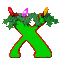 Green X-shaped figure with red outline holding green foliage and colored lights, displayed in two of three identical frames