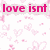Pixelated text on a heart-patterned background with multicolored lettering.