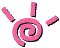 A two-frame contact sheet of a pink spiral-shaped animated icon with scattered fragments on the left frame and a complete spiral on the right frame against a gray background.