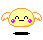 Pixelated yellow circular character with orange outline, pink flower cheeks, black eyes and mouth, white wings, and black base on gray background.