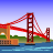 Pixelated image of a red suspension bridge with two towers over blue water, green landmasses in background under light blue sky.