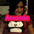 A person in a red shirt with a white cat graphic holds a phone to their ear, with the name "Amanda" displayed in different colored text across four
