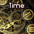 A four- displays mechanical clock components with text overlays reading "Time," "is," and "ticking..." in pixelated font