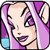Pixelated cartoon-style icon of a female character with light skin, purple hair, and closed eyes smiling, wearing a black choker necklace against a gray background.