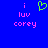 Blue background with pink text 'i luv corey' and a green pixelated heart symbol above the text on the left side.