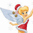 Pixelated cartoon fairy in Santa outfit with wings, red dress, white trim, and hat holding a blue flag on white background.