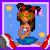Pixelated cartoon icon of a girl with brown hair in pigtails wearing a green dress and red shoes, holding a blue object near her mouth against a blue background with yellow stars and pink border.