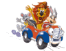 Animated cartoon of a lion and rabbit driving a red and blue car with motion blur effects.