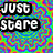 Pixelated text reads 'JUST stare FOR A while' over a psychedelic kaleidoscopic background with swirling multicolored patterns.