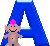 Pixelated character with pink hair and blue cape stands before large blue letter A, smiling in two