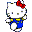 White cat with red bow, blue overalls, and yellow shirt in four- of pixelated poses on gray background