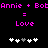 Pixelated text and heart symbols on black background with pink text reading 'Annie + BotAnnie + Bob' above two equal signs leading to 'Love' below each.