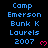 Blue pixelated text reading 'Camp Emerson Bunk K Laurels 2007' with a pink heart symbol on a black background, repeated in a pattern