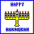 Pixelated icon with blue text 'HAPPY' above a yellow menorah and 'HANNUKAH' below, all on white background with gray border.