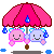 Two cartoon characters under a pink umbrella with blue raindrops, smiling on gray background.