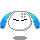 Pixelated circular character with blue hair, closed eyes, and a neutral expression on gray background.