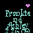 Pixelated turquoise text 'Frankie' above two figures with 'Ashley' below, surrounded by pink heart and dot animations on black background.