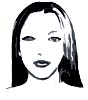 Black-and-white stylized female face with long hair, varying eye shapes and mouth positions