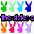 Pixelated bunny head icons in eight colors arranged above and below a purple text banner reading 'the sister c' on black background.
