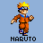 Pixel art character in orange jumpsuit with blue accents performing various action poses including standing, kicking, and emitting yellow energy effects.
