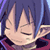 Pixelated close-up of a character's face with closed eyes, blue hair, and red clothing against a dark background.