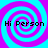 Four identical spiral patterns in cyan and magenta with "Hi Person" text overlaid on each quadrant.