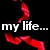 Black background with red abstract shapes and white text reading 'my life... to bella swans. yeah it sucks when you compare it' in pixelated font.