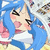Pixelated anime-style character with blue hair and closed eyes, wearing pink clothing against a patterned background.