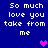 Blue background with white pixelated text reading "So much love you take from me" repeated twice, each followed by a heart symbol in varying colors.
