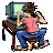 Pixelated figure in pink shirt and blue jeans sits at desk, hands near face, computer monitor displays yellow and blue screen, four views show slight pose variations.