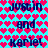 Pixelated text 'Justin and Karie!' repeated across a heart-patterned background with color-shifting hearts.